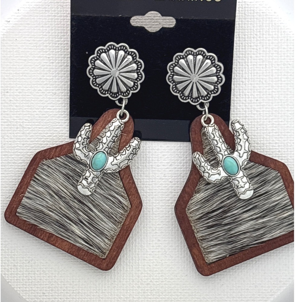 Earrings Wood Faux Cowhide Silver Turquoise Post Western Boho New